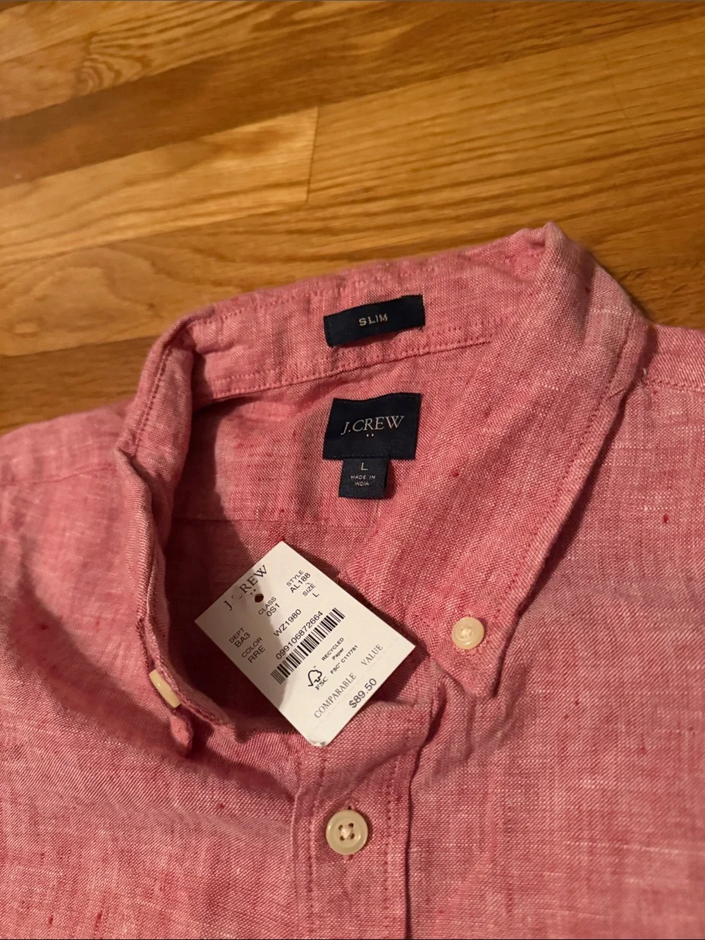 J. Crew Men's Pink/red Short-Sleeve Button-Down Linen Blend Shirt